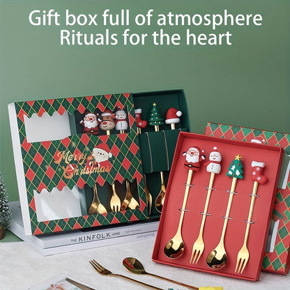 Set of 4/6 Christmas-themed stainless steel coffee spoons and forks in a red or green gift box for stirring beverages and desserts.