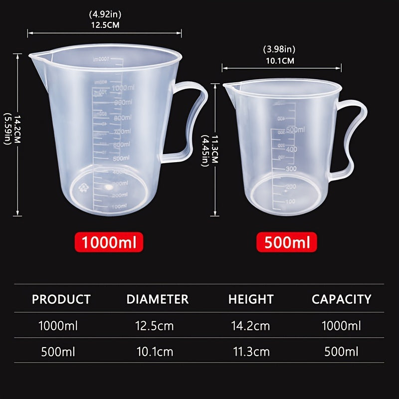 Set of 6 Clear Plastic Measuring Cups for Baking, Graduated Liquid Jugs with Pour Spout, Kitchen Essential - Includes 20ml, 30ml, 50ml, 300ml, 500ml, and 1000ml Sizes