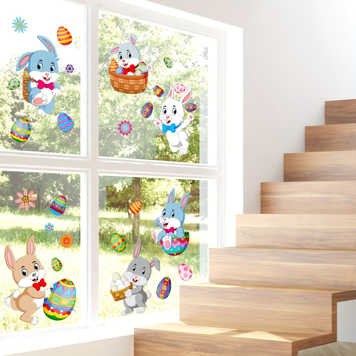 This listing is for a set of two Easter bunny and egg glass window stickers, each measuring 20*30cm. These stickers are perfect for decorating bedrooms, living rooms, balconies, and windows. They feature self-adhesive double-sided printing and are