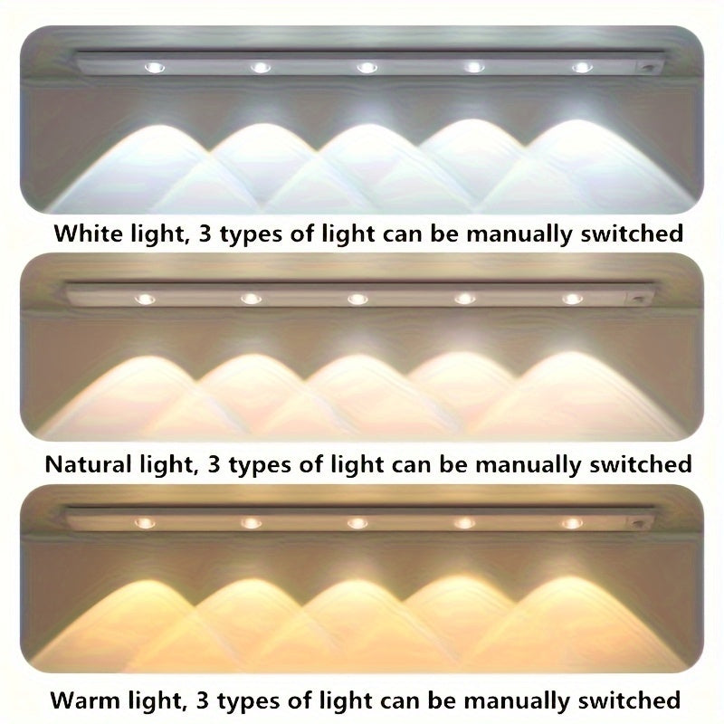 Rechargeable infrared sensor light strip with LED, magnet, and self-adhesive; wire-free for various applications.