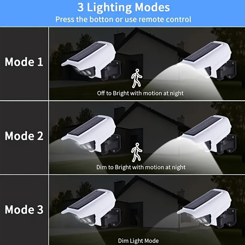 Solar-powered street light with motion sensor, dummy camera, and simulated surveillance; 77 LED lights; human body sensor; outdoor wall mount