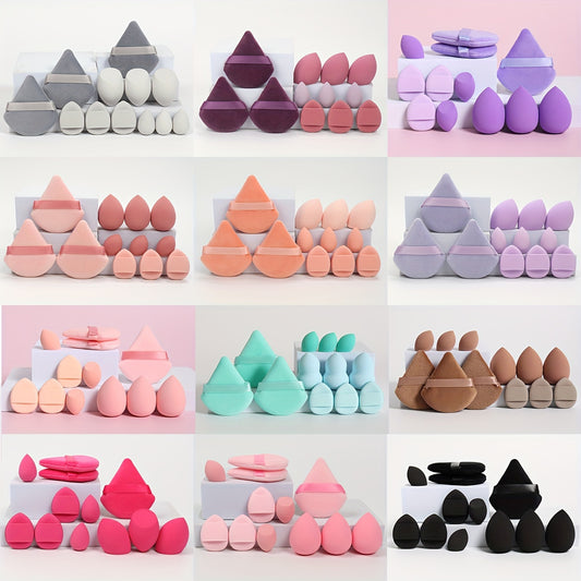 12-piece makeup sponge set includes foundation blending beauty sponge suitable for liquid, cream, and powder makeup, made of super soft velvet with shaping, eye, and corner design. Set also