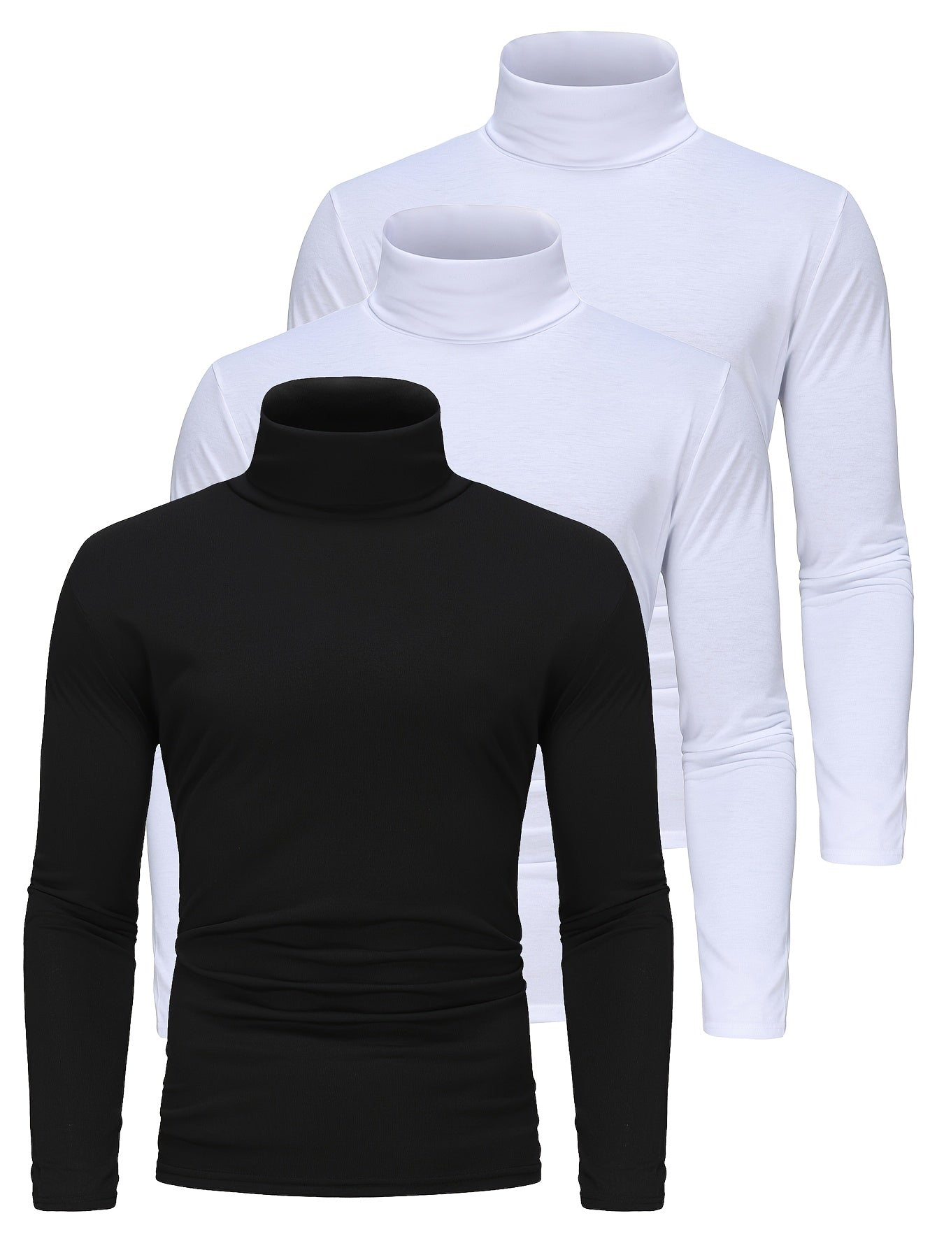 Three men's high neck long sleeve turtleneck t-shirts in solid color, made of polyester knit fabric with medium stretch, perfect for fall/winter.