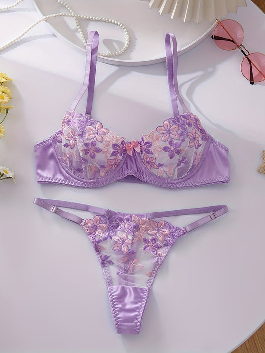 Floral embroidered lingerie set for women, featuring a sexy floral pattern, made from a blend of polyester and elastane. The set includes a medium support bra with underwire and no padding