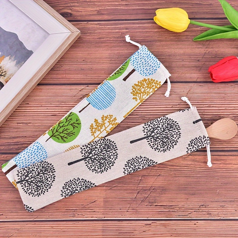 Travel with ease and style using the Portable Linen Cutlery Case featuring a convenient drawstring closure. This foldable travel utensil pouch includes a charming solid wood bead detail and measures 5.51cm x 10.04".