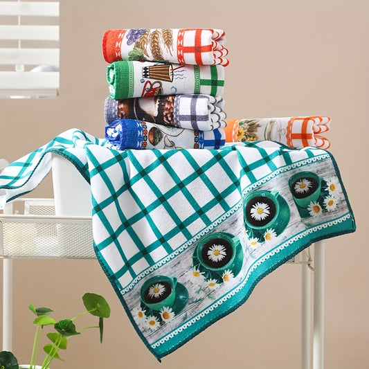 Polyester kitchen towels in plaid flower design, perfect for dinners, parties, and picnics. Available in 6 or 12 piece sets.