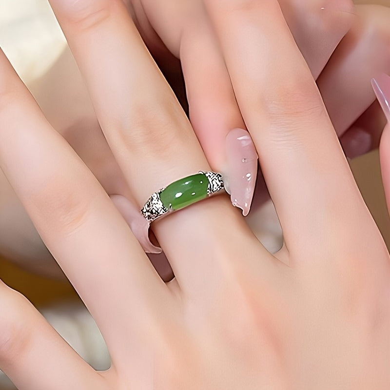 Stylish 925 Sterling Silver Ring with Imitation Jade Inlay, Perfect for Women, Versatile for Everyday Wear, Timeless Jewelry Piece