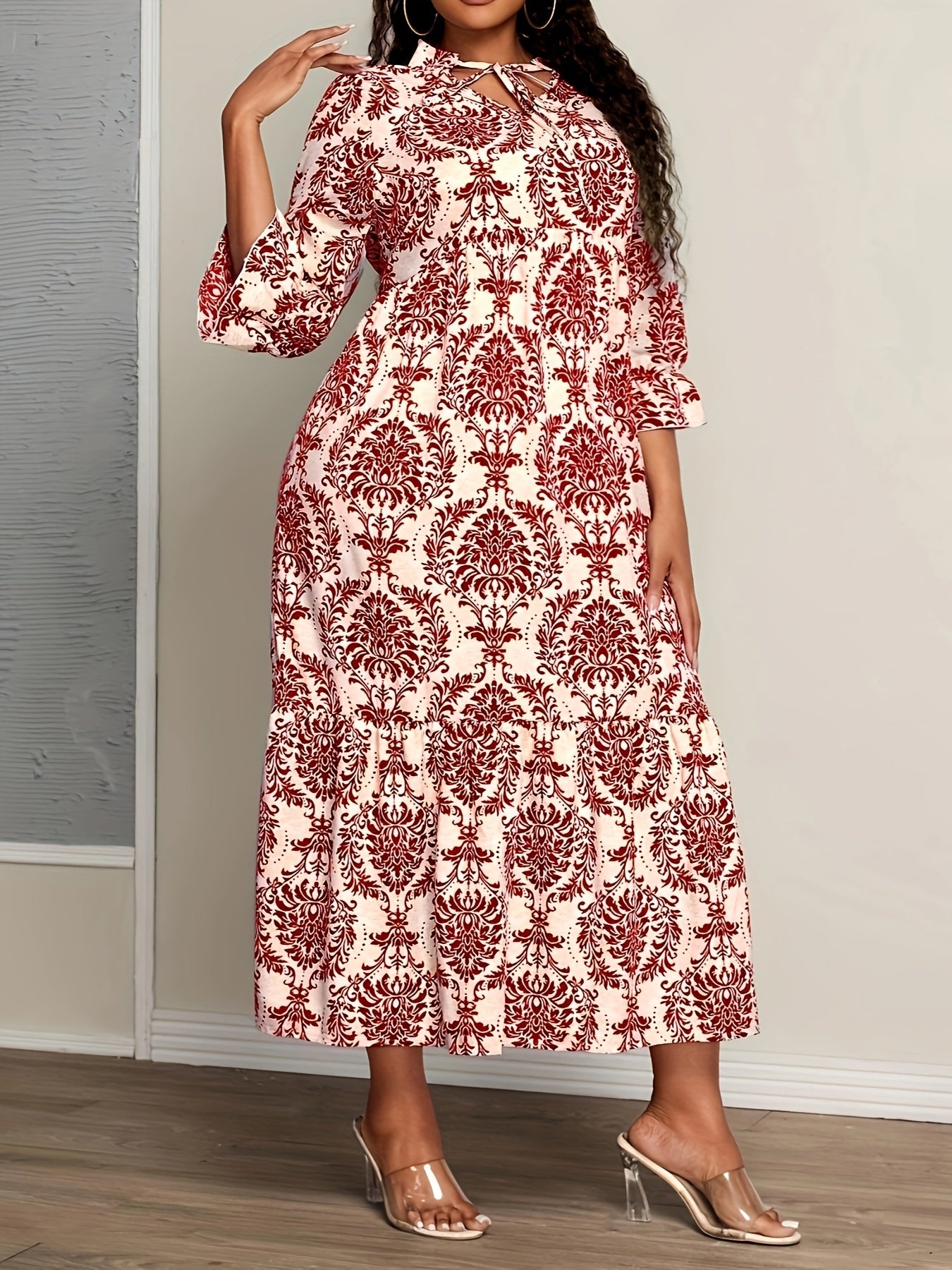 Ethnic Print Loose Longline Dress with Tie Neck for Plus Size Women in Spring & Fall