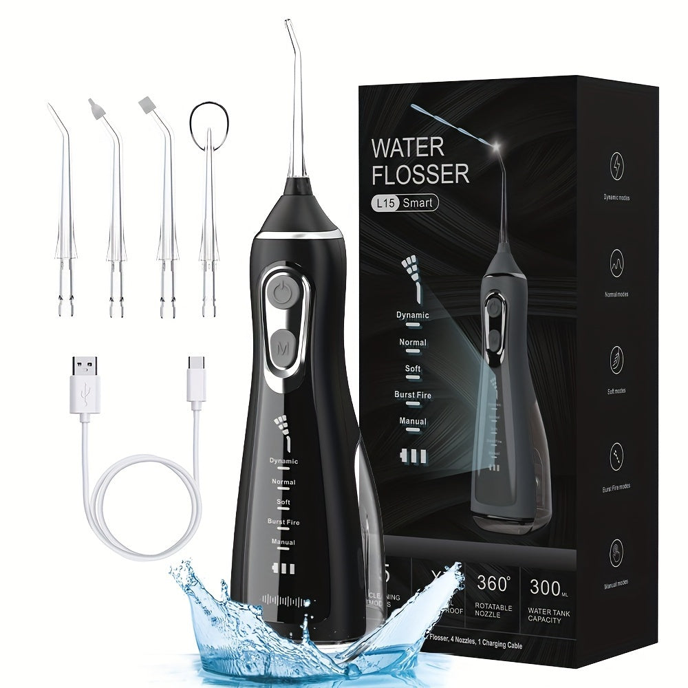 Rechargeable Water Flosser with USB charging, 5 modes, 360° cleaning, 2000mAh lithium battery, ideal gift for men and women.