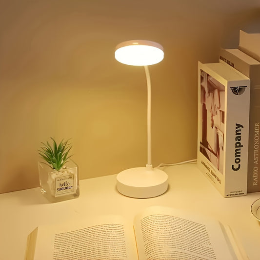 Touch-controlled LED desk lamp with adjustable brightness levels, USB powered, eye-friendly technology, in modern white and warm light options.