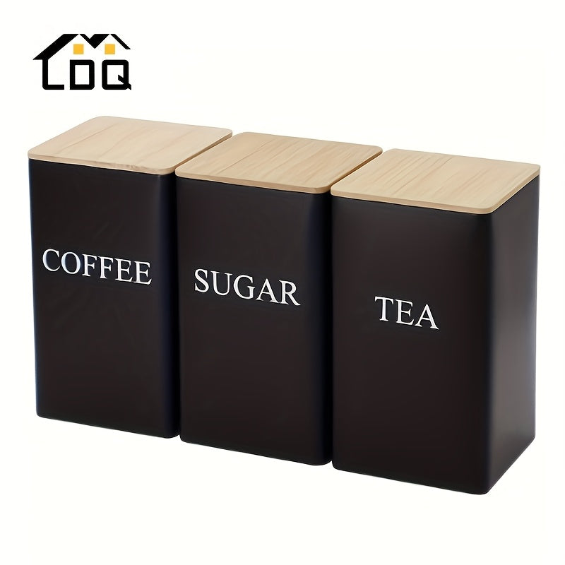 Set of 3 iron kitchen canisters with wooden lids. Washable, uncharged, engraved label storage containers for office and dining. White metal tea, coffee, sugar dispensers.