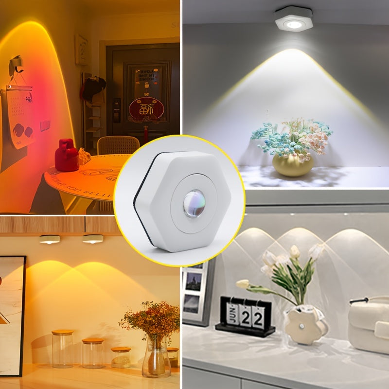 Dimmable sunset night light with adjustable lighting, push button control, battery powered for bedroom and various room types. LED lights, no laser or battery included.