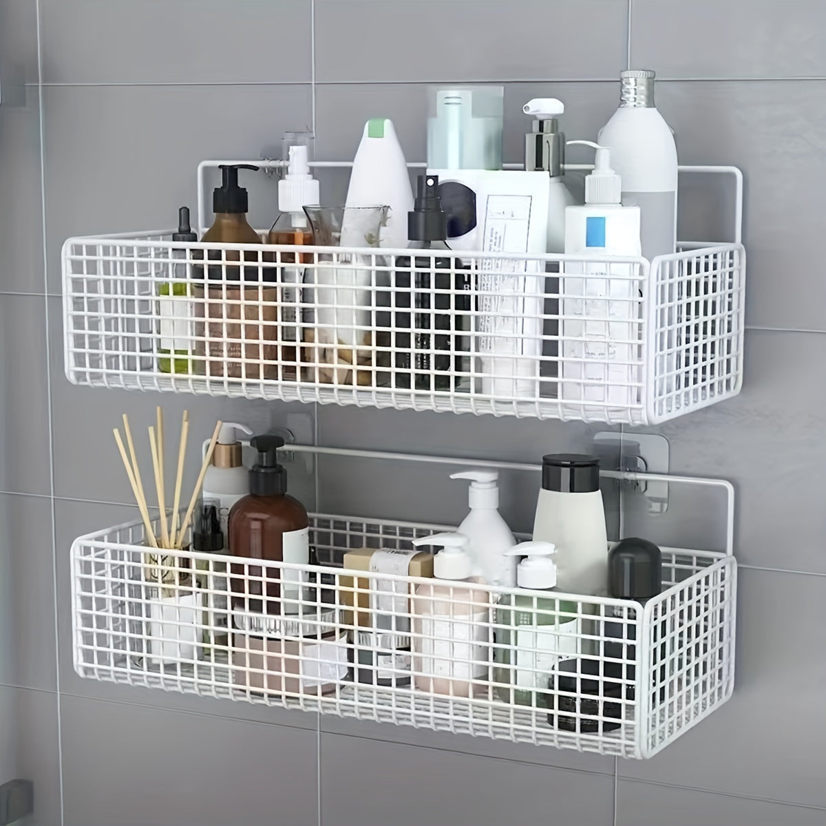 Wall-mounted bathroom storage rack with hollow design, no-drill hanging shelf for bathroom accessories