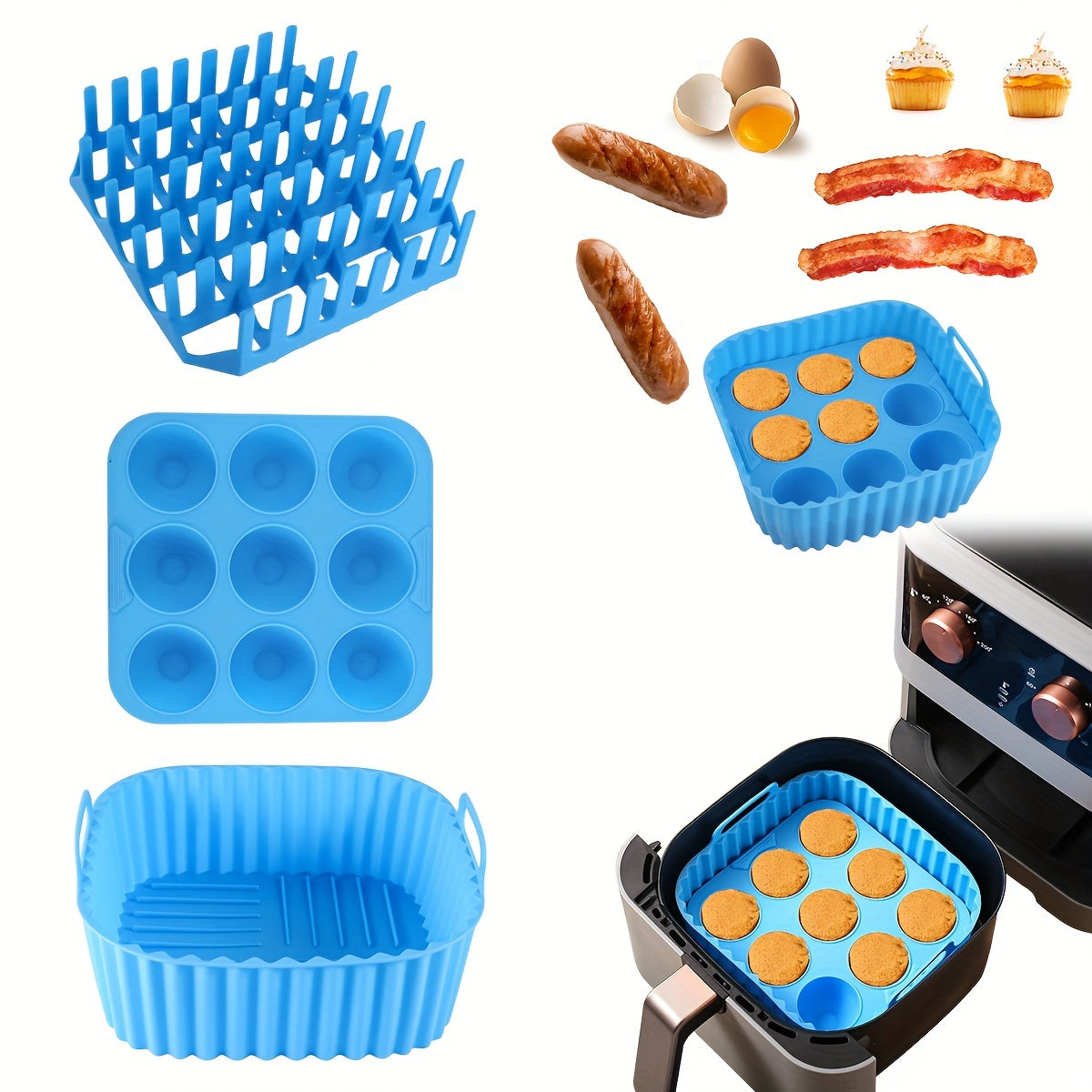 Premium Square Air Fryer Silicone Set includes a bacon & hot dog rack, 9-cavity cake mold, and air fryer pan. This BPA-free and dishwasher safe set is compatible with 7QT+ air fryers.