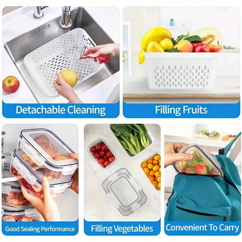 Reusable airtight plastic food storage containers featuring removable colanders, clip-on seal, and rectangle produce savers. Dishwasher safe and great for storing fresh berries, fruits, vegetables, and meat.