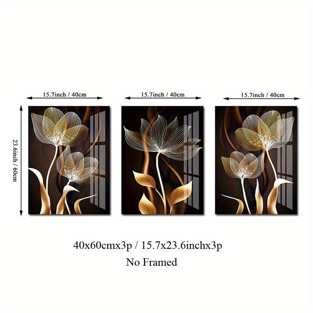 Modern abstract black brown and golden flower picture set, luxury wall art canvas painting for living room decor, frameless.