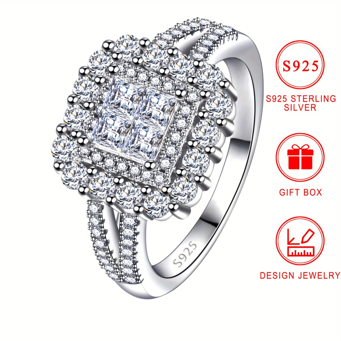 925 Sterling Silver Square Synthetic Zirconia Ring for Women, ideal for engagement, wedding, or everyday wear. High-quality jewelry with a gift box.