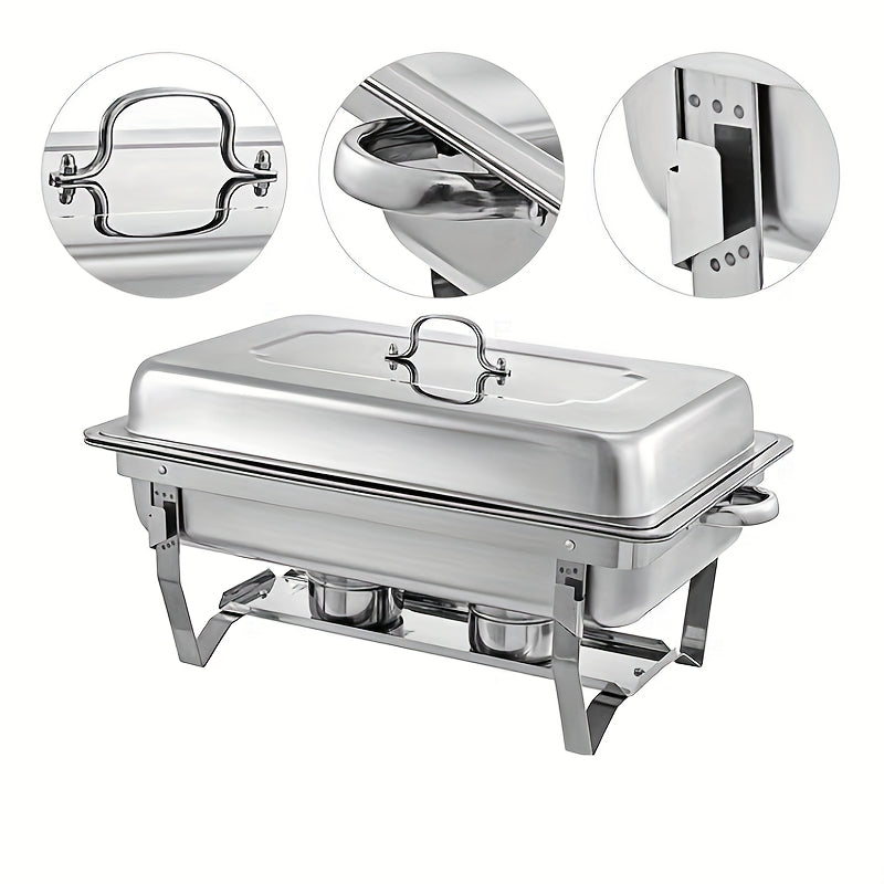 One set of 8QT Stainless Steel Chafing Dishes, includes Full & Half Pans and Foldable Stand. Ideal for Weddings, Parties, Banquets, Catering and Events. Comes with 1 full and 1 half piece.