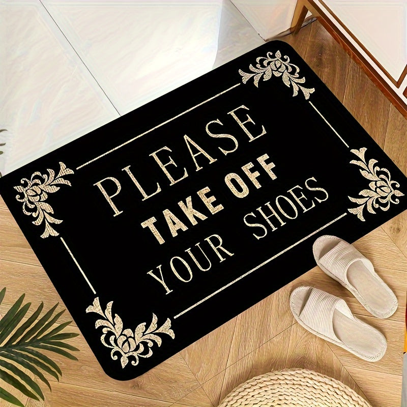 1 piece of "Please Remove Your Shoes" Welcome Mat made of polyester with a non-slip PVC backing. Perfect for front doors, kitchens, gardens, patios, porches, and machine washable for easy cleaning.