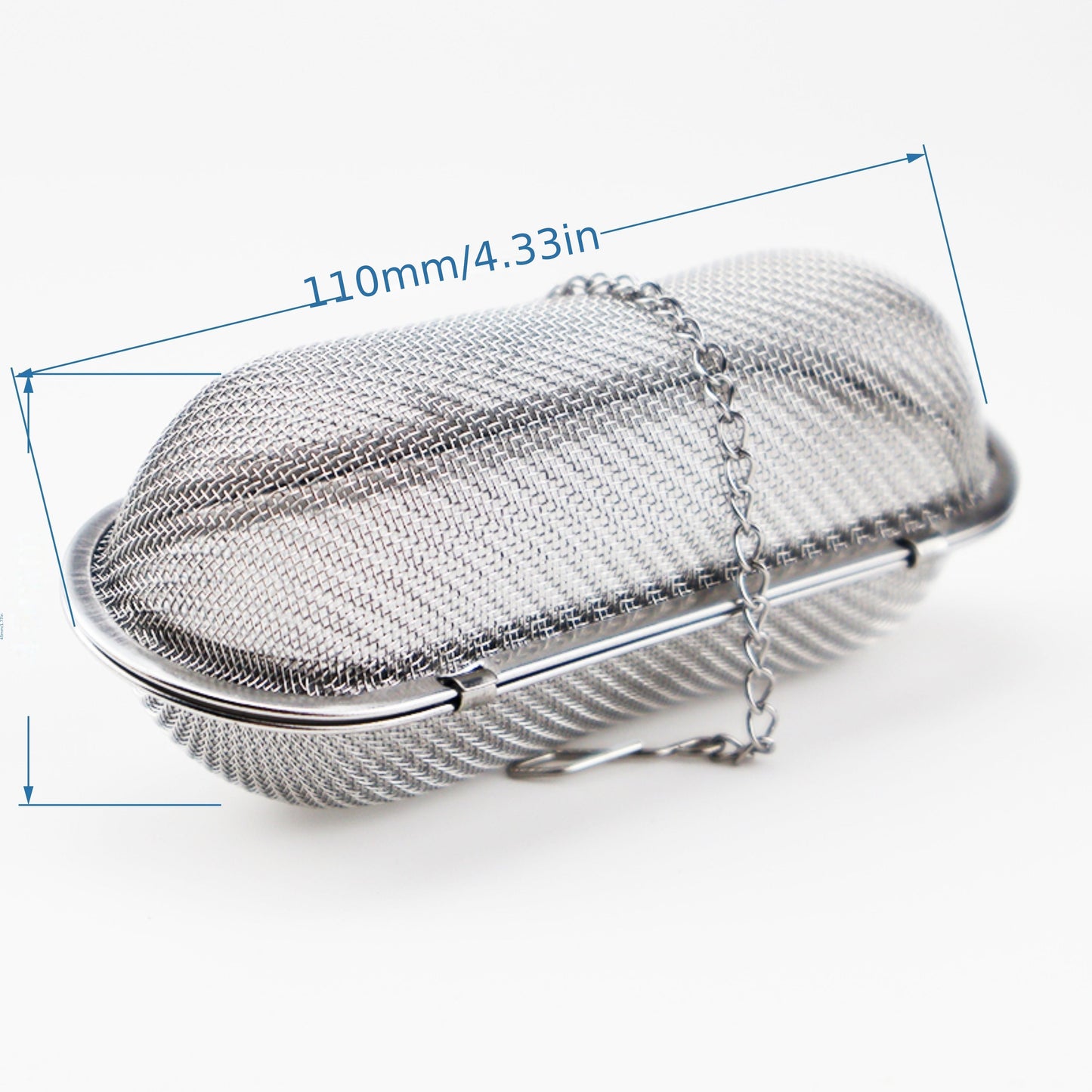 A tea infuser made of durable stainless steel featuring a 304 mesh strainer, perfect for brewing loose leaf tea, spices, and seasonings. This kitchen gadget comes with a convenient chain hook for easy removal from your cup or pot.