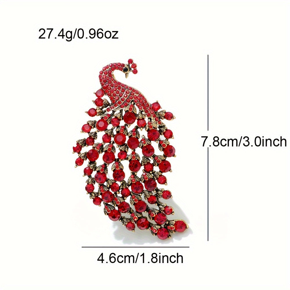 Men's Casual Style Vintage Peacock Brooch adorned with Shimmering Rhinestones - Crafted from Zinc Alloy