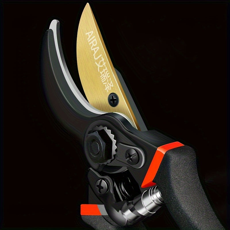 AIRAJ Heavy Duty Pruning Shears: Ultra sharp, professional garden scissors for trimming trees and roses. Multipurpose tools made of chrome vanadium steel in black.