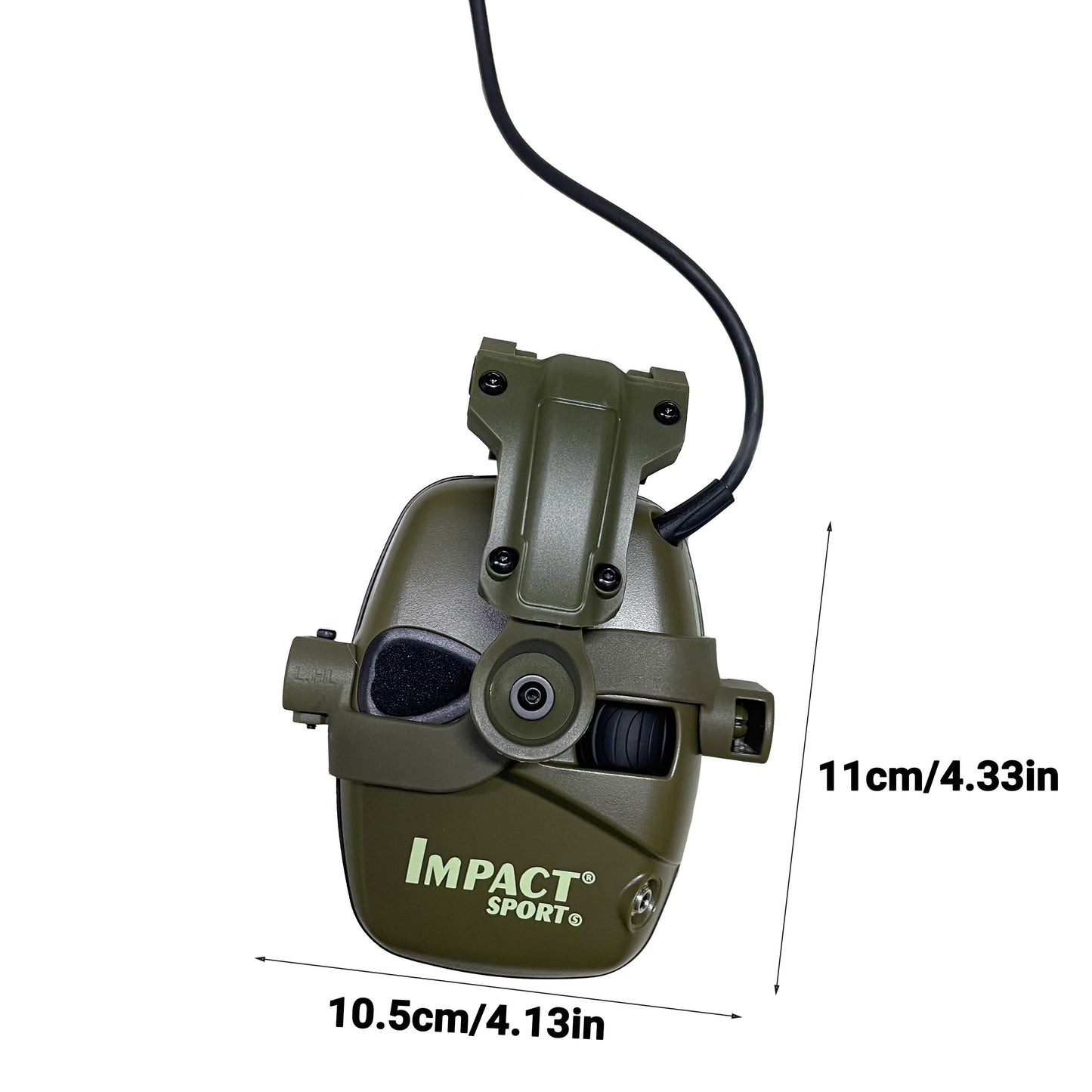 Helmet-mounted tactical shooting earmuffs with electronic sound pickup, active noise reduction, and no battery requirement.