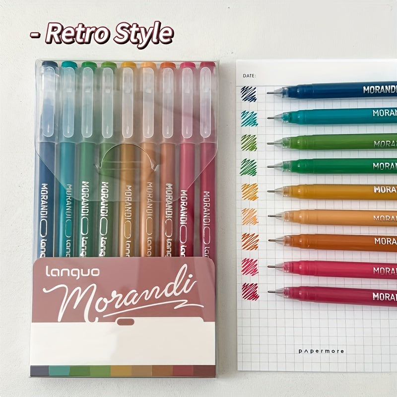 1pc, 9pcs Morandi Retro Color Palette Handwriting Pens with stackable color ink refills.