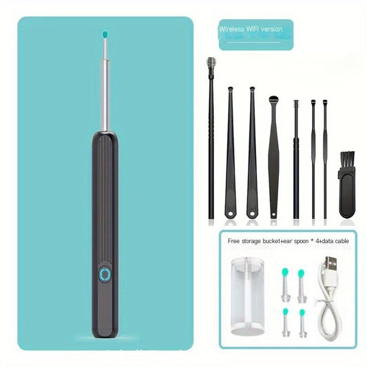 Earwax Removal Kit with Camera - 8 Piece Set, Easy to Clean, WiFi & USB Connectivity, Safe for Children, Color Options: Black or White.