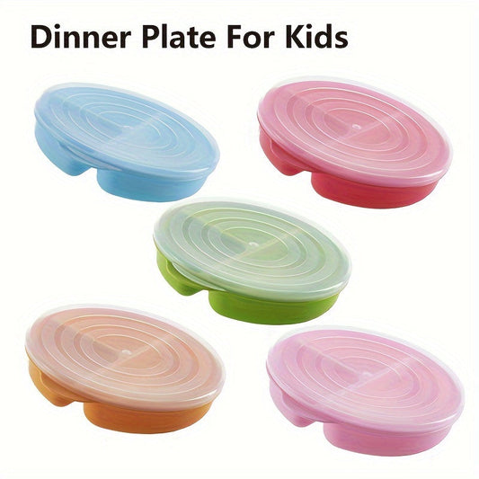 Children's three-section divided plates that are BPA-free and safe for use in the microwave and dishwasher. Ideal for serving meals, snacks, salads, and fruits. Comes in vibrant colors of orange, pink, green, and blue.