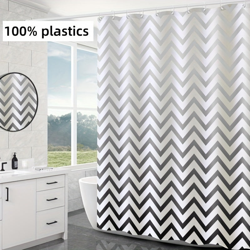 Chic black and white chevron shower curtain - waterproof, machine washable, includes hooks, ideal for any bathroom décor.