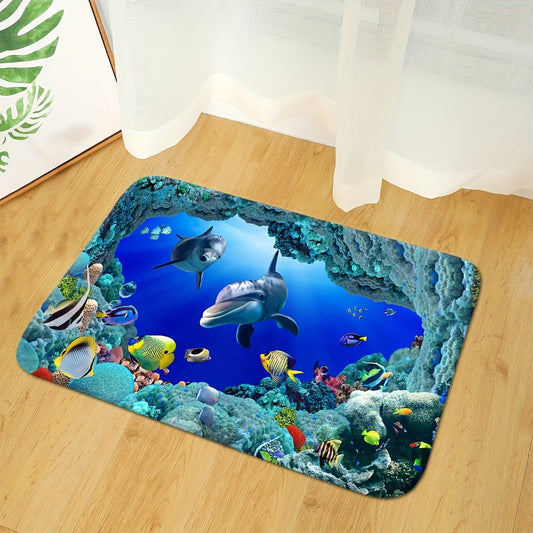 Set of 3 Ocean Underwater Cave Fish Bathroom Mats, including a non-slip water absorbent toilet cover rug and bath mat featuring a coral reef design, perfect for home decor.