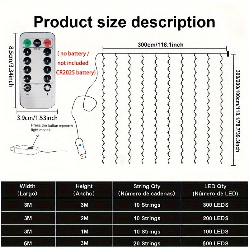 USB-powered LED curtain lights with remote control - ideal for festive occasions like Christmas, weddings, birthdays, and holiday decorations.