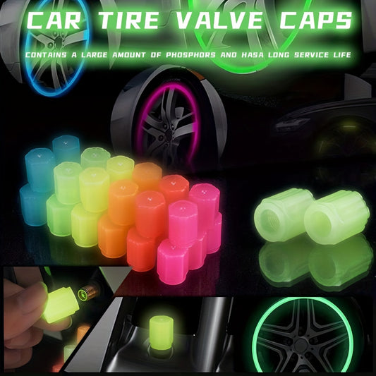 4 fluorescent tire valve stem caps, waterproof glow-in-the-dark PVC, universal fit, assorted colors for night visibility and protection.