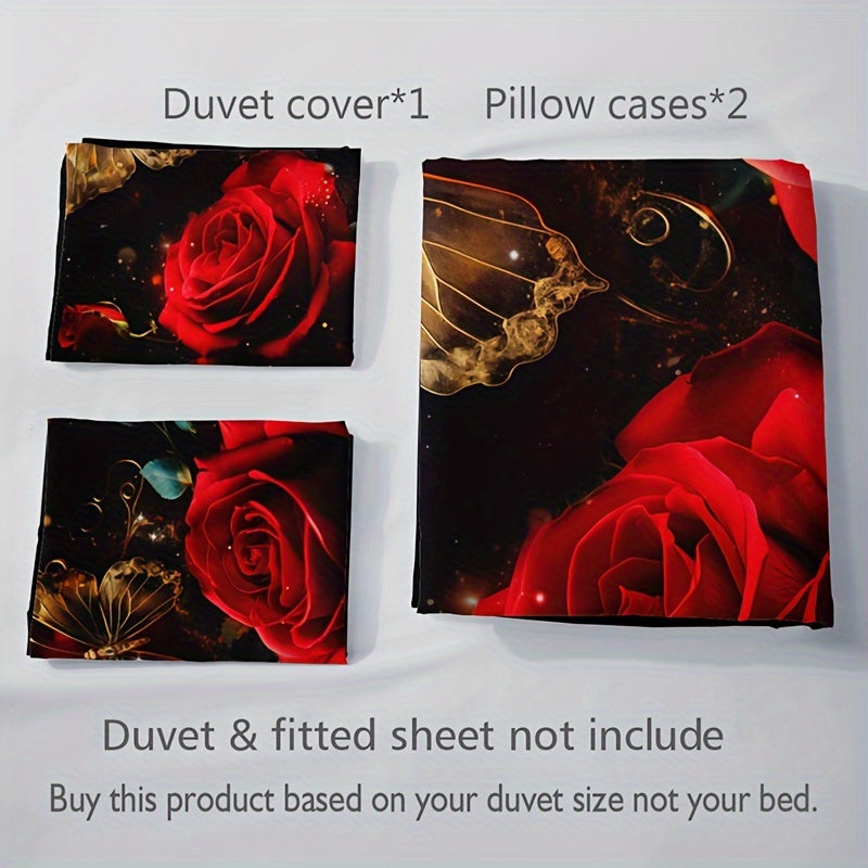 3-piece Romantic Rose Butterfly 3D Duvet Cover Set with 2 Pillowcases. Soft and breathable with HD printing for home or dorm decor.