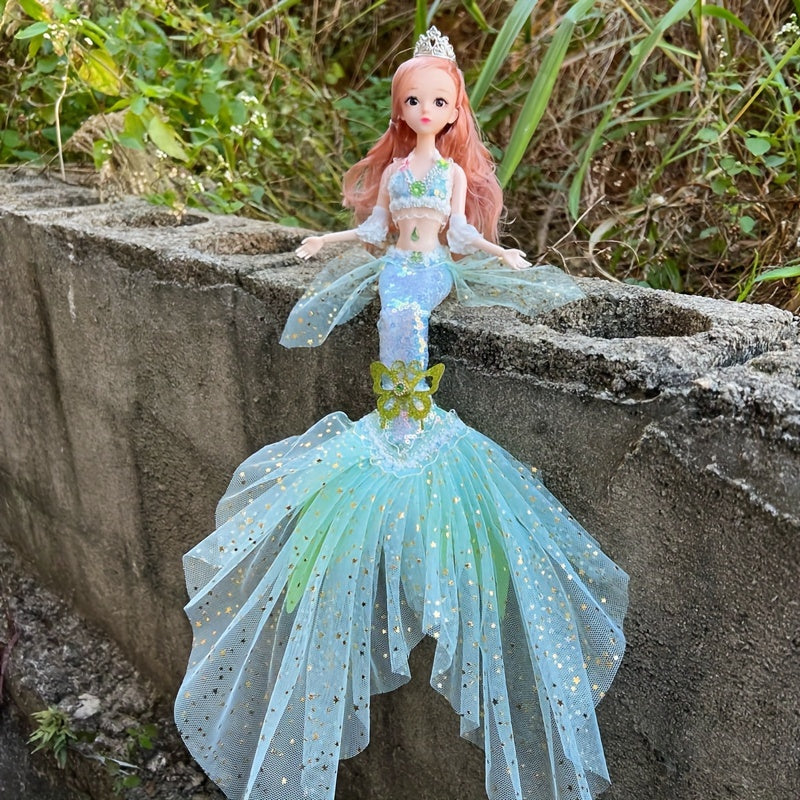 44.98cm Princess Mermaid Doll with PVC body, realistic eyes, movable joints, dress-up accessories, perfect for girls' birthday gift, playtime, and room decor.