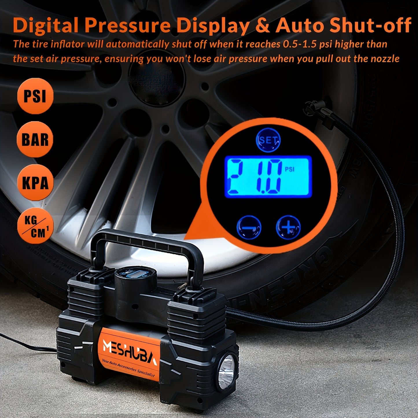 Portable MESHUBA Tire Inflator: 12V air compressor with 150PSI pump and digital gauge for cars, bikes, and more in orange.