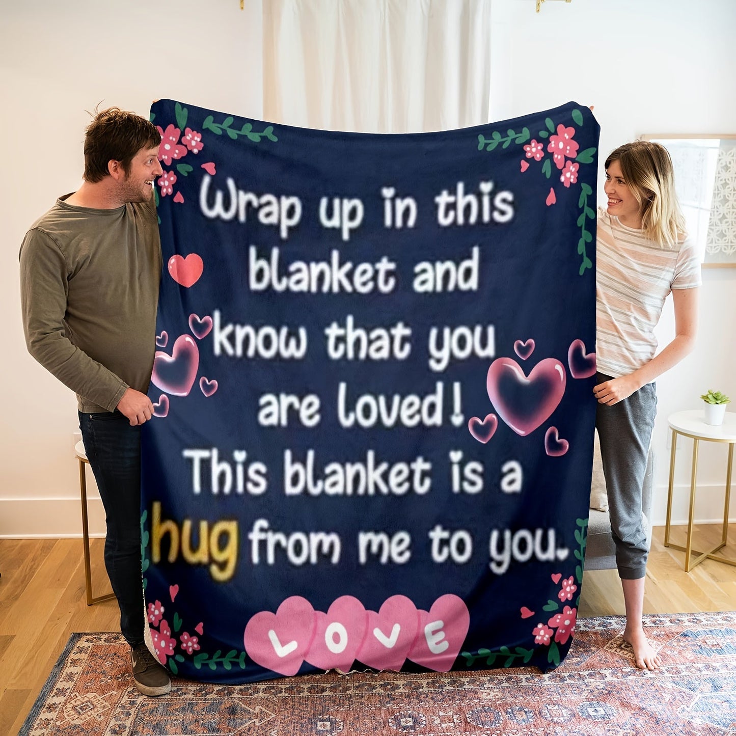 Soft pink love printed blanket perfect for snuggling up with good friends, whether on the couch, in the office, on the bed, or while camping or traveling. This multi-purpose gift blanket is perfect for all seasons and is sure to be loved by all.