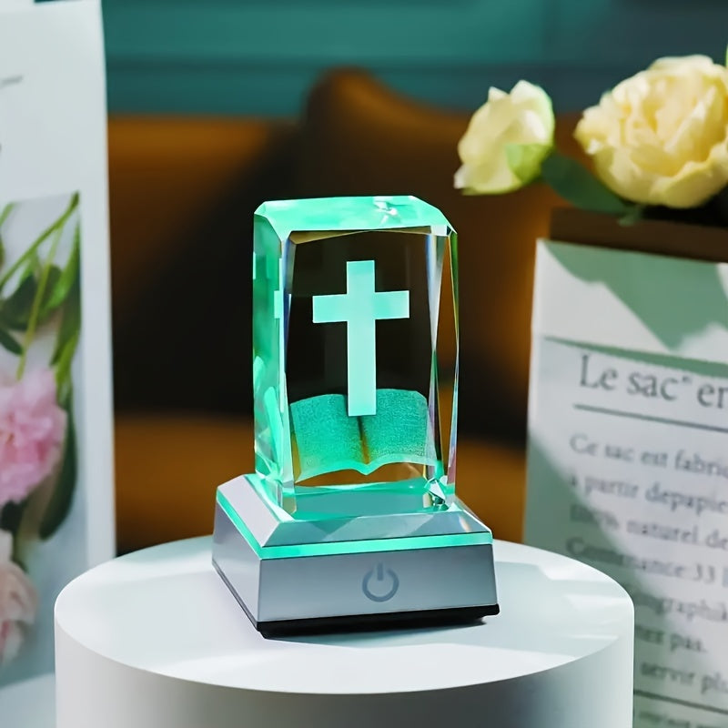 3D Cross Bible Crystal LED night light, ideal for Christian home decoration and gifts for women and men.