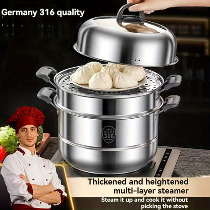 5-Piece Durable Kitchen Utensils Set: Thickened 316 Stainless Steel Multi-Layer Steamer Cookware, Ideal for Soup & Stew, Easy to Clean, Compatible with All Stovetops