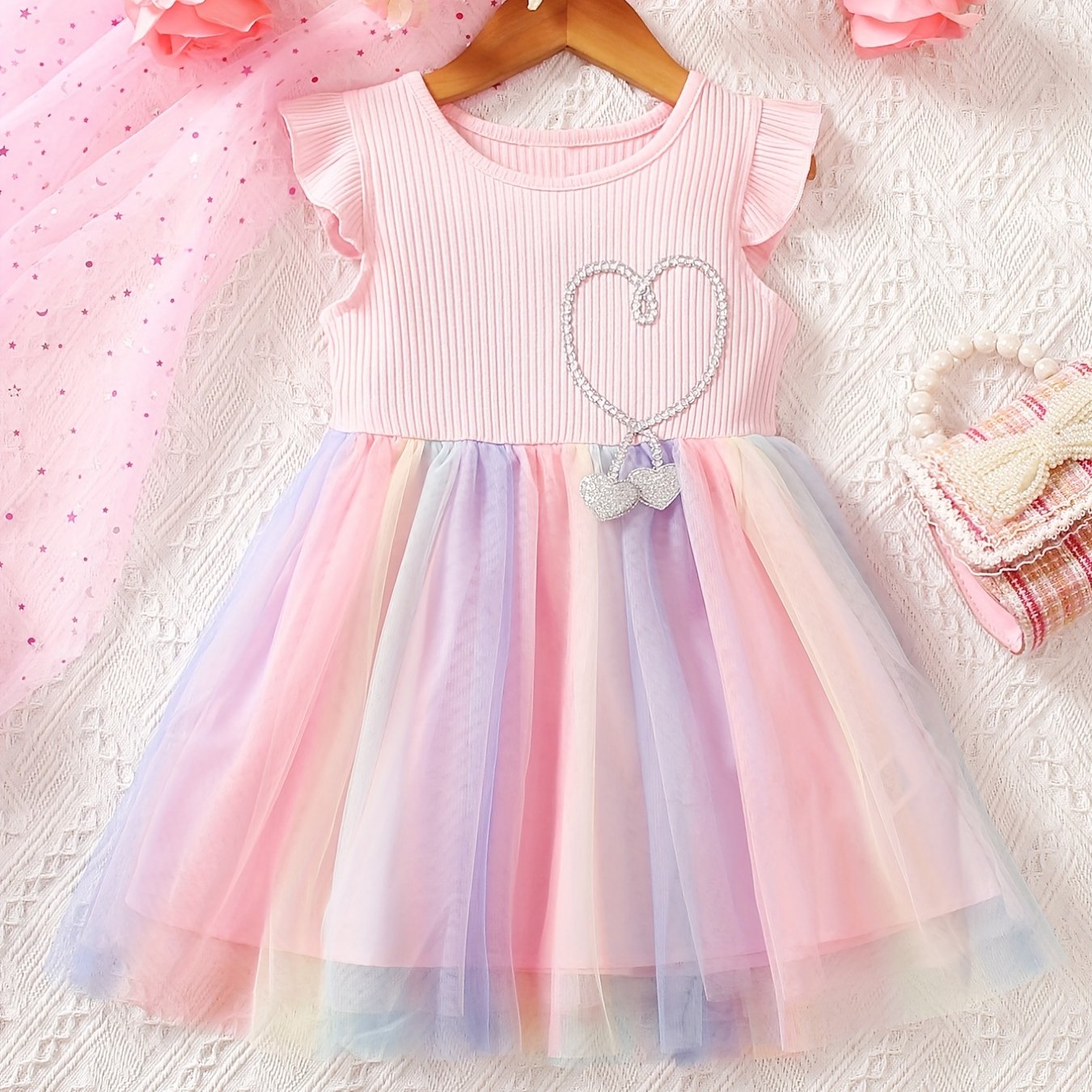 Rainbow tutu princess dress with rhinestone decor and flying sleeves for summer.