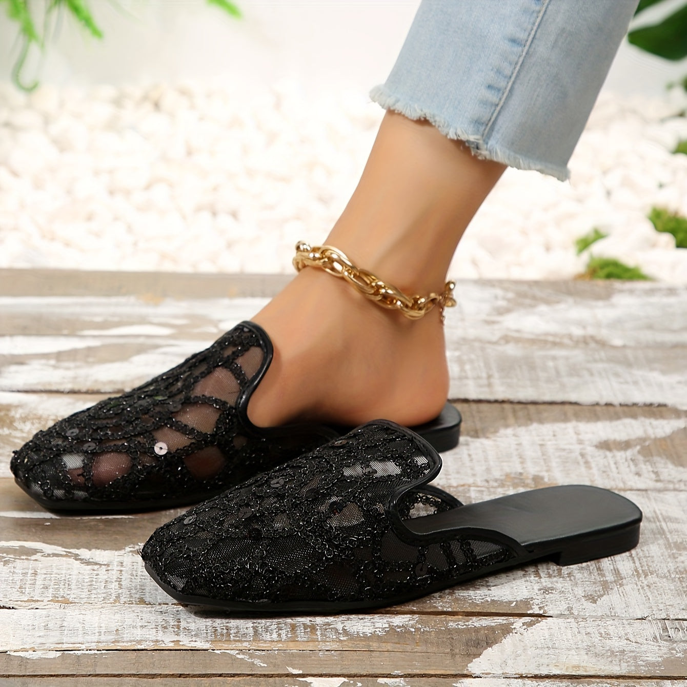 Women's Sequins Decor Flat Mules, Slip On Square Toe Shoes, Lightweight & Breathable Mesh Shoes