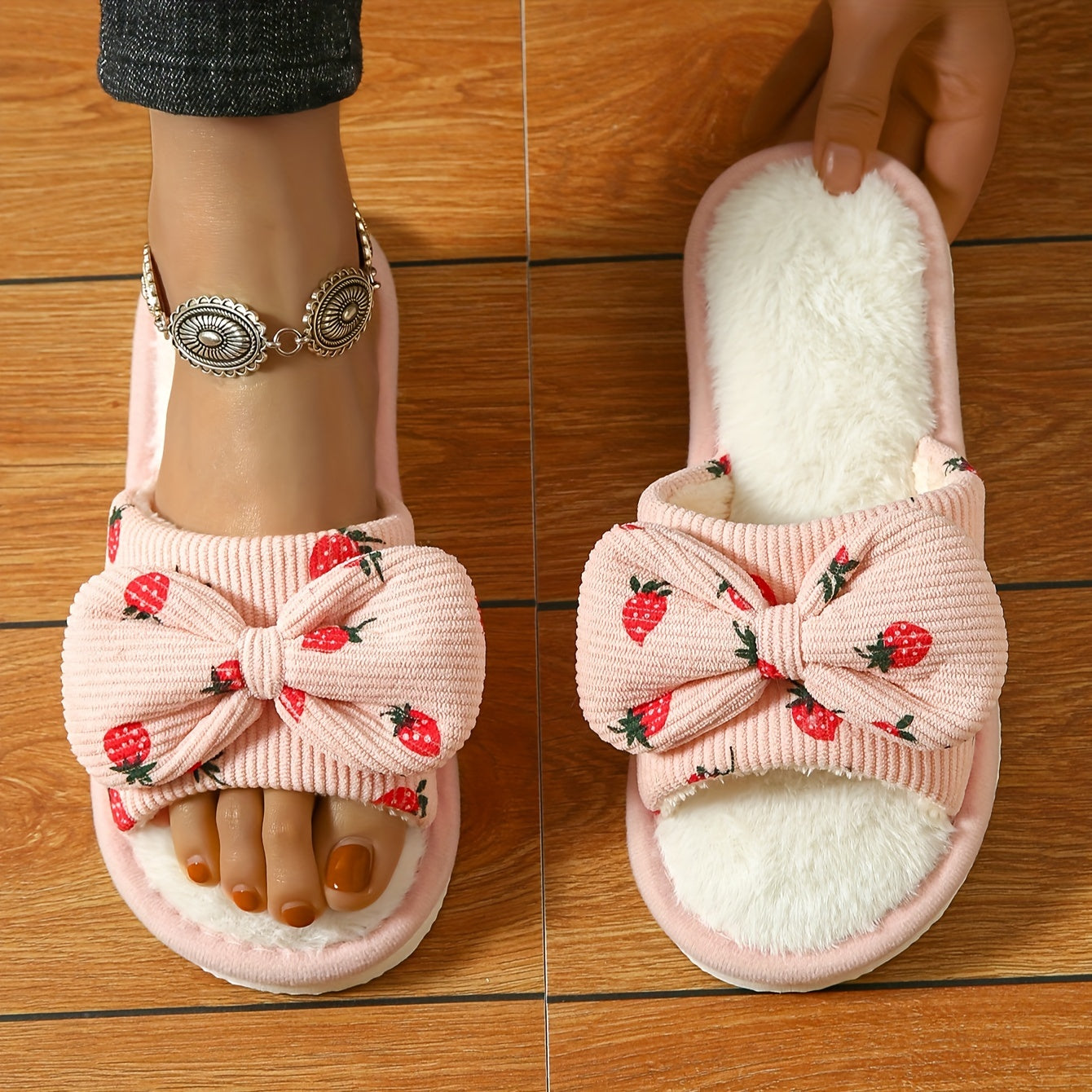 Adorable strawberry bow slippers, cozy and non-slip.