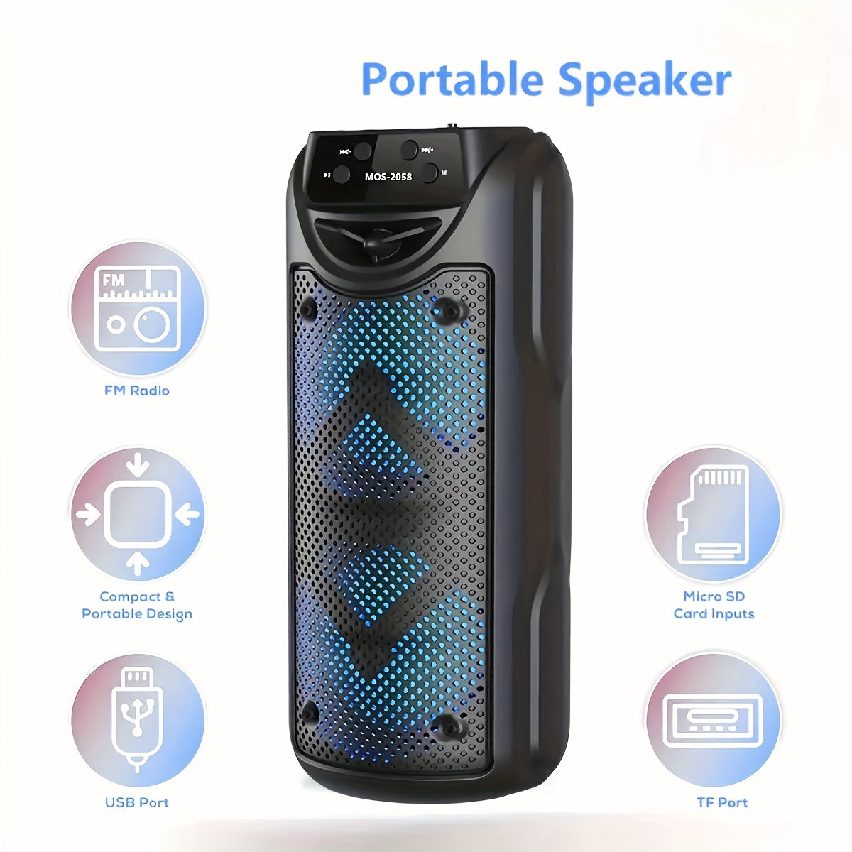 Portable wireless outdoor speaker with RGB lighting, USB & TF card support, high-capacity battery, stereo sound, button controls, ideal for camping & home parties, durable ABS resin