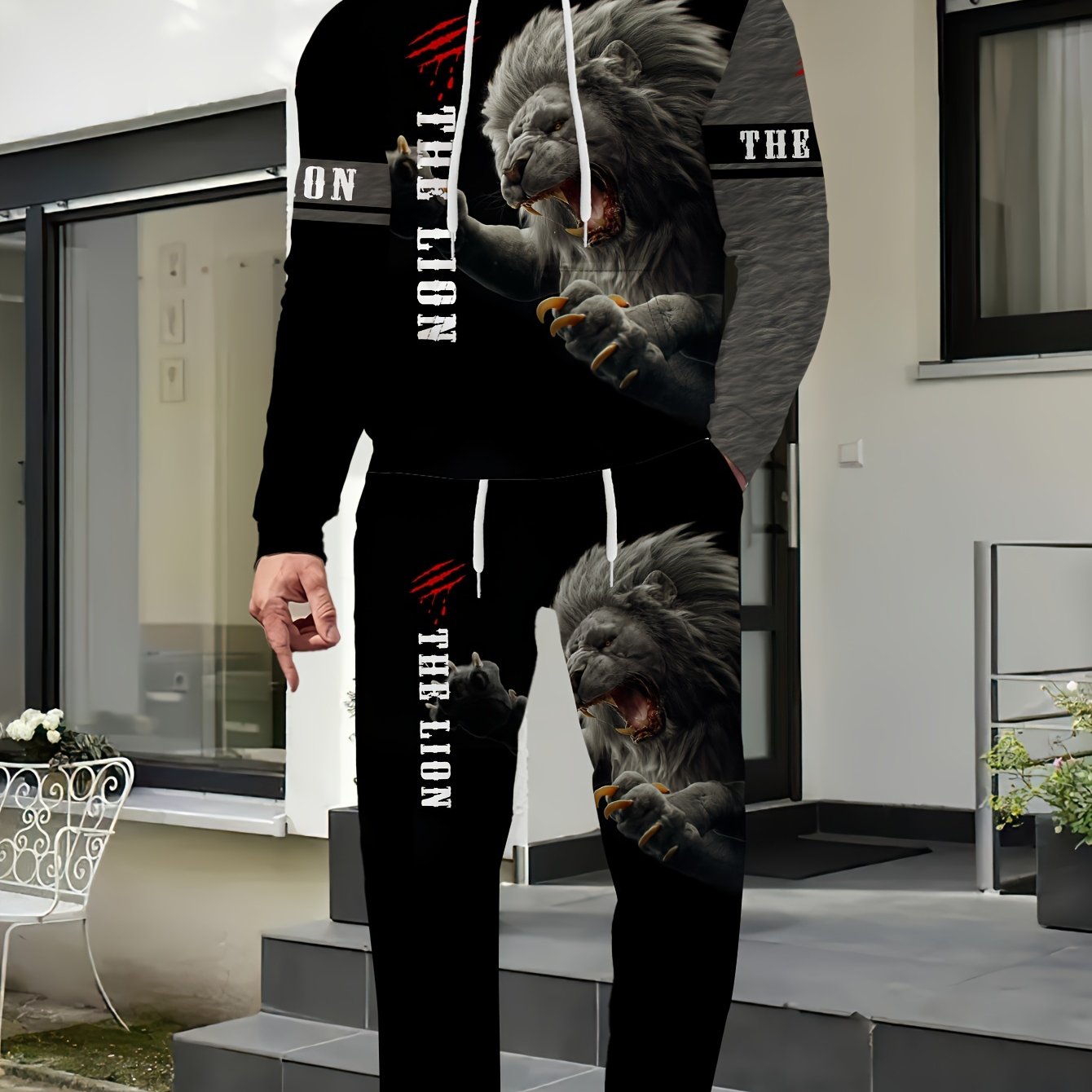 Men's Fierce Lion Graphic Hoodie & Sweatpants Set - Casual, 2-piece polyester outfit, long sleeve, machine washable, perfect for spring/fall.