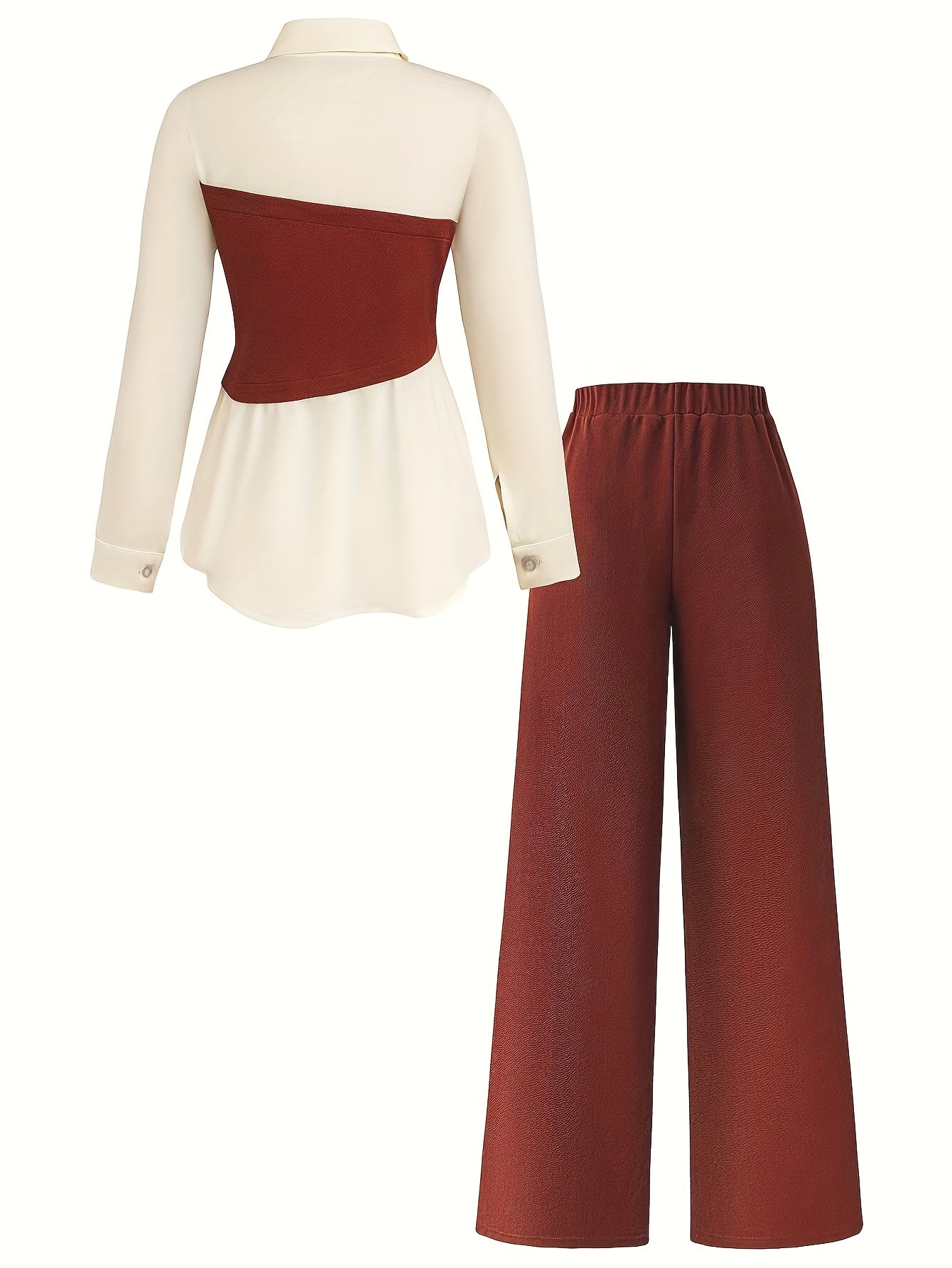 Elegant women's two-piece set in burgundy and white, 100% polyester, machine washable, ideal for spring/fall.