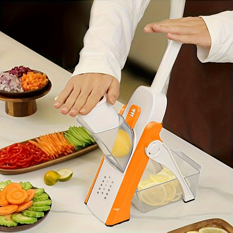 Adjustable Home Vegetable Chopper - This multifunctional kitchen slicer dicer features a stainless steel curved blade for precise cutting. With a manual operation and plastic material construction, it has a capacity of less than 1L and does not require a