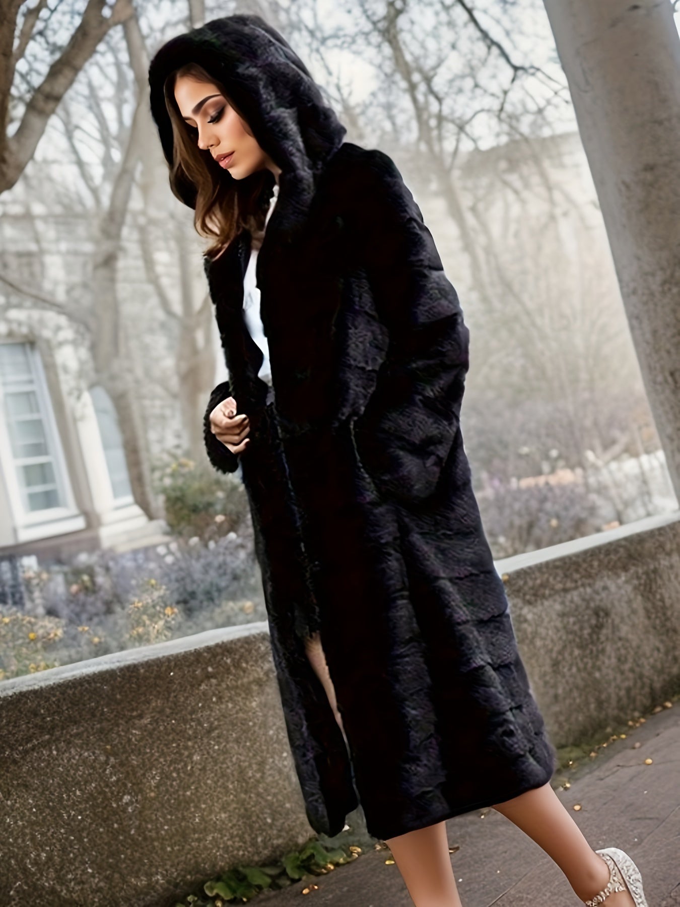 Women's winter coat made with faux sheepskin hood and imitation water mink fur, features a slimming fit, long hood, and plush black faux mink material for warmth.