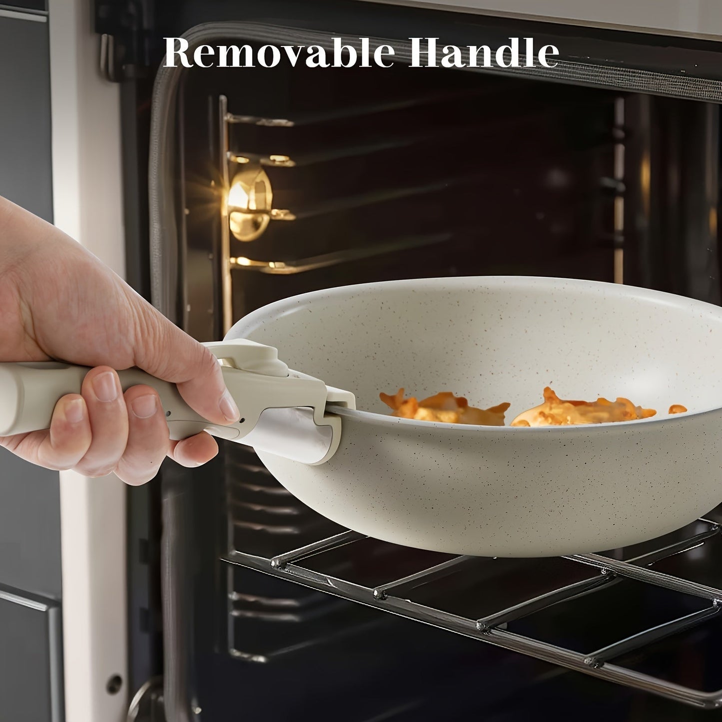 A set of 12 pieces of cookware with removable handles, made of non-stick aluminum. Dishwasher and oven safe, ideal for use on induction cooktops.