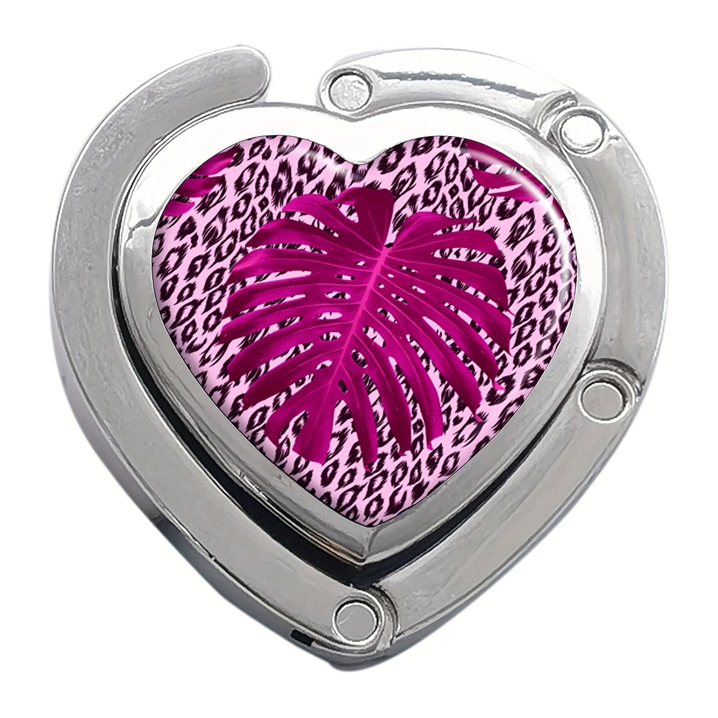 Heart-shaped purse hook with exquisite print, designed to fold for easy storage. Hang bags on tables and desks with style.